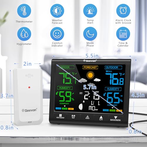 Geevon Weather Stations Wireless Indoor Outdoor Thermometer, HD Color Display Digital Temperature Humidity Monitor with Clock, Comfort Indicator, Adjustable Backlight, Time and Calendar