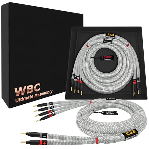 WORLDS BEST CABLES 10 Foot Ultimate - 7 AWG - Ultra-Pure OFC – Extra Premium Audiophile HiFi Bi-Wire Speaker Cable Pair with Eminence Gold Banana Plugs & Silver Tweed Jacket