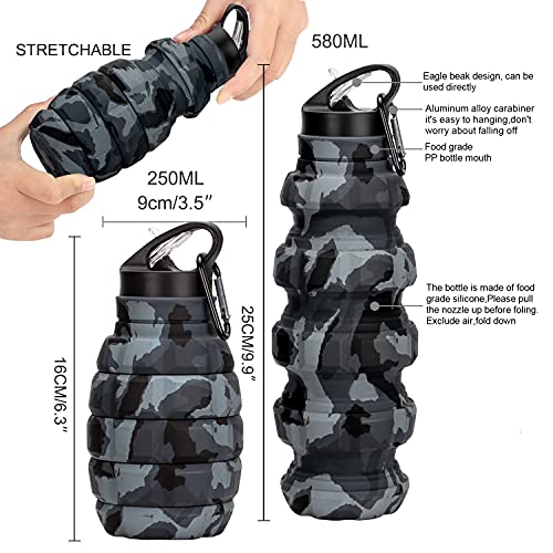 Image of Collapsible Travel Water Bottle19.6 oz, Reuseable Silicone Foldable Water Bottles for School, Office, Gym, Camping,Hiking,Portable Leak Proof Sports Water Bottle with Carabiner (Dark gray camouflage)