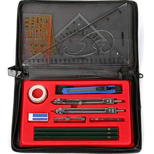 MATOLO Math Geometry Kit Combination Plotter Set,15 pcs Portable Precision Geometry Protractor Drawing Compass Ruler Pencil Essentials Study Tool Kit with Cloth Bag,for Student&Engineering Drawing