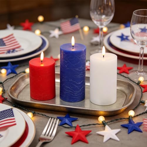 Image of LUSHARBOR Red White Blue Flameless Candles with Remote, 4th of July Battery Operated Candles, 3pcs LED Patriotic Candles for Home Party Centerpiece Holiday Decor