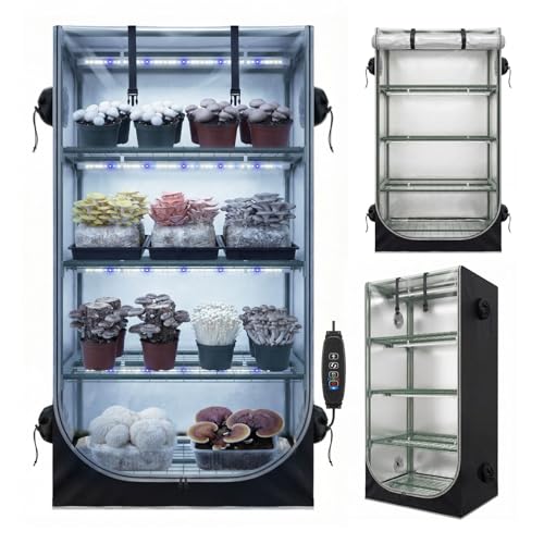 Mushroom Grow Tent with Mushroom-Optimized Grow Lights & Timer, 60' x 27.5' x 20' Indoor Growing Tent with Oxford Fabric Cover, “4' Vent Ports for Accessories