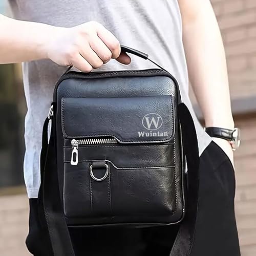 Personalized Men's Leather Crossbody Bag – Custom Initials & Name Shoulder Messenger Bag, Multi-Pocket Travel Bag (Style 1) — view 2