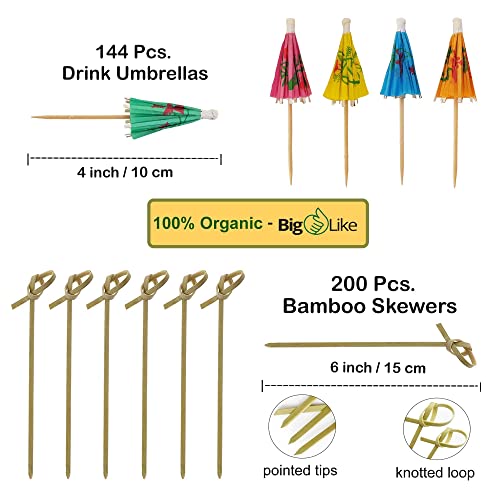 344 Pcs Set - 144 Drink Umbrellas And 200 Bamboo Knot Picks 6" - Appetizer Skewers, Cocktail Umbrellas For Drinks, Toothpicks For Appetizers, Tiki Drink Umbrellas, Cocktail Picks #TOP4