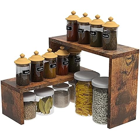 GiftGo 2 Tier Stackable Expandable Corner Spice Rack for Kitchen Countertop Cabinet & Pantry Organizer Rustic Brown Wooden Corner Shelf Rack for Desktop Storage Cover