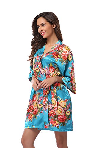 Women's Short Floral Kimono Robe Satin Bridesmaid Bathrobe Silk nightwear for Bridal Wedding Party Blue L