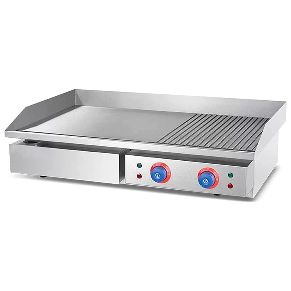 MYUYEE Commercial Level Griddle Stove, with 1/3 Groove Area, Stainless Steel Barbecue Stove, Controllable Temperature Electric Frying Pan, Suitable for Steak, Teppanyaki, Sausage, Bacon