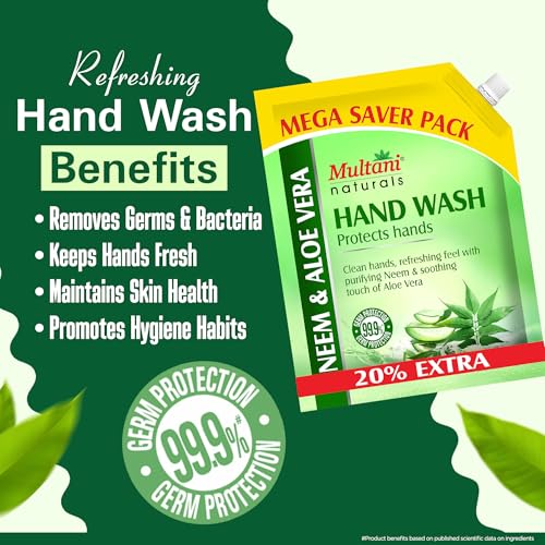Image of Multani Natural Neem & Aloe Vera Hand Wash Refill + Pump (1200 + 500 ml) | Gentle Hand Cleanser With Natural Ingredients | Moisturizing Hand Wash | 99.9% Germ Protection Liquid Hand Wash