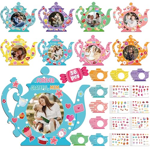 80UncleKimby 56 Packs Mothers Day Crafts for Kids Classroom - Bulk DIY Teapot Picture Frame Paper Kits for Gifts, Tea Party Favors