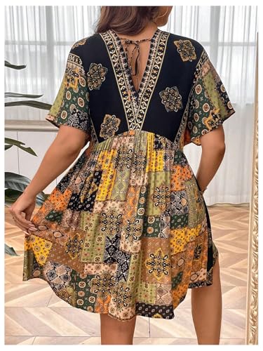 Image of MakeMeChic Women's Plus Size Boho Dress Half Sleeve Flowy Sundress V Neck Summer Short Dresses
