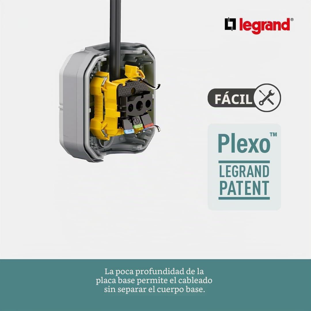 LEGRAND, Plexo New 069743L - Enchufe de 3 enchufes para ambientes húmedos, estándar Schuko, incluye tapa abatible, protección táctil, terminales precableados, horizontal, IP44 - IK07, color gris
