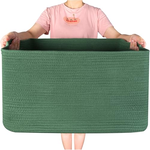 MINTWOOD Design 22in Extra Large Blanket Basket Holder Living Room, Rectangle Rope Woven Storage Basket with Handles for Laundry, Pool Towels, and Shoes, Dog Toy Organizer Bin Box, Forest Green
