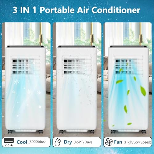 Image of 8000BTU Portable Air Conditioner, 3-in-1 Remote Control AC with 24-Hour Timer, Quiet Operation with Dehumidifier, Sleep Mode, Timer & Remote Control Included