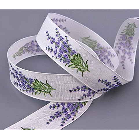 finemark decorative ribbon, lavender ribbon, 25 mm, gift ribbon, fabric ribbon with wire edges, white, lilac, country house, Weiss Lavendel, 3 m x 25 mm Cover