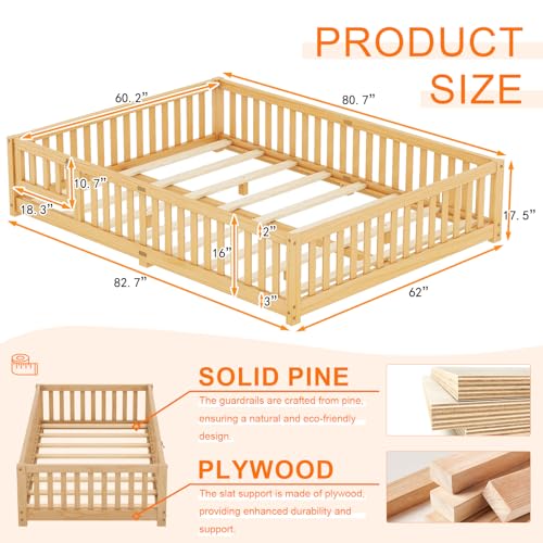 image for ROCKINGRUN Queen Size Montessori Floor Bed Frame with Safety Fence & C