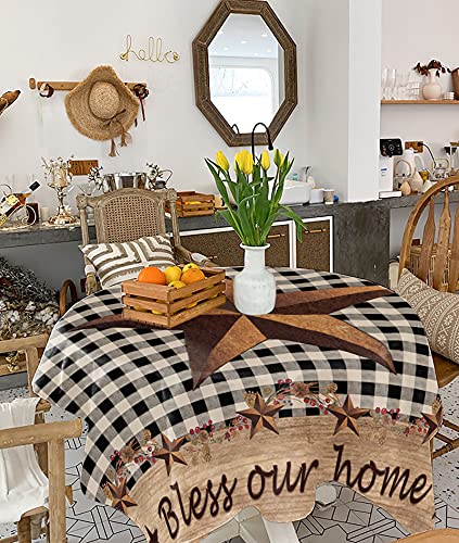 Soft Tablecloth Rectangle Table Cloth Bless Our Home Western Texas Star With Berries On Retro Black Plaid Burlap Table Runner For Dining,Party,Camping Indoor& Outdoor 60X60In #TOP3