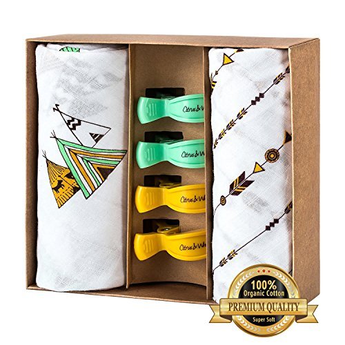 Image of Muslin Swaddle Blankets, Double Layer, 100% Organic Cotton, by Citrus&Wheat - 47"x47" Covering Cloth. Perfect Baby Shower Gift - 2 Pack with Free 4 Stroller Clips & Wall Decals