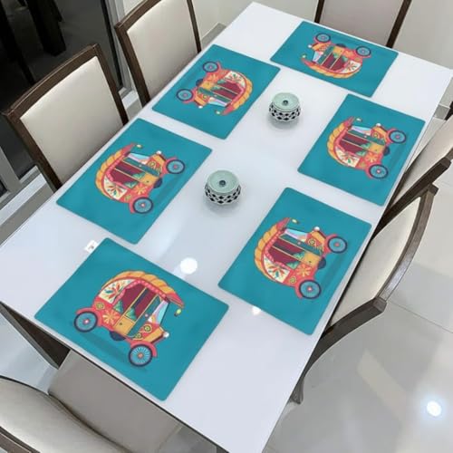 Image of DiningTable Mats Set of 6 - Auto Vibrant Cultural Theme,Digital Print, Washable, Indoor /Outdoor, Heat-Proof, Water Resistant, Wipe & Clean (47X33 cm) Green & Pink