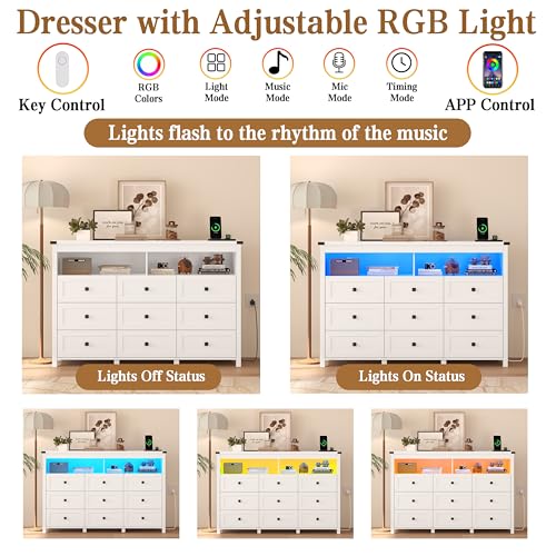 Image of Wodeer 9 Drawer Dresser for Bedroom with LED Lights, Charging Station, Wood Chest of Drawers with Metal Handles, Modern TV Stand & Storage Organizer for Bedroom, Hallway, White