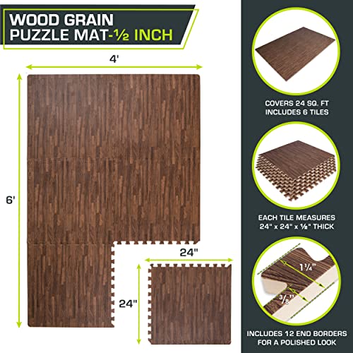 Image of ProsourceFit Wood Grain Puzzle Mat -inch, 6 EVA Foam Interlocking Floor Tiles (24 SQ FT) for Secure Indoor Gym Flooring, Office Spaces, Living Rooms, and Play Areas, Dark Oak