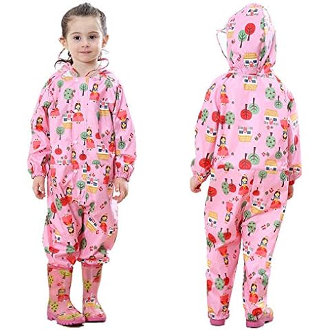 TURMIN 3D Girls Boys Raincoat Kids Puddle Suits All in One Waterproof Baby Hooded Overall Rainsuit Unisex Muddy Suit Rainwear Poncho PVC Transparent Hat Brim-Pink-L(5-7 Years) Cover