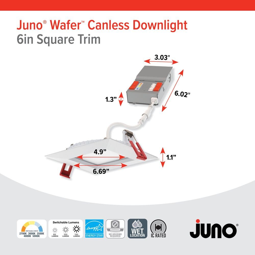 Juno 6-Inch Canless LED Recessed Light – 5CCT Selectable (2700K-5000K), Regressed Baffle Trim, Dimmable, 950 Lumens, IC Rated, 6-Pack, Matte White