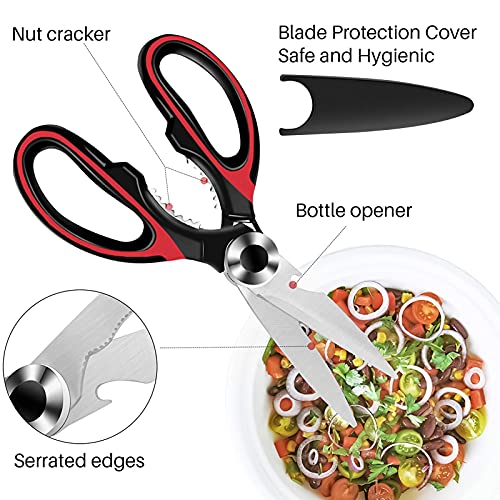 Urbanstrive Heavy Duty Kitchen Shears with Protective Sheath Kitchen Meat Scissors, Dishwasher Safe Cooking Scissors for Chicken, Poultry, Fish, Herbs (Black+Red)