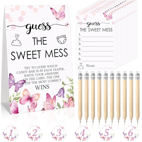 Fumete 67 Pcs Guess The Sweet Mess Dirty Diaper Baby Shower Game Includes Guess The Sweet Mess Sign 50 Small Cards 10 Pencils and 6 Number Stickers...