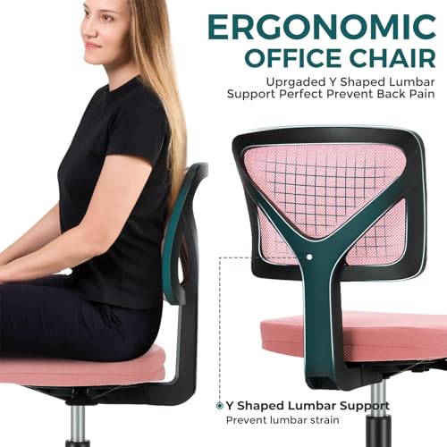 Image of DUMOS Small Office Chair Armless, Ergonomic Adjustable Home Office Swivel Rolling Task Chair No Arms, Comfy Mesh Mid Back Computer Work Vanity Desk Chiars with Wheels for Small Spaces, Hot Pink