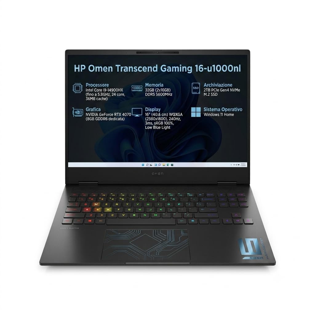 HP Omen Transcend Gaming 16-u1000nl, Intel Core i9-14900HX, 32GB RAM, 2TB SSD, RTX 4070 8GB, Windows 11 Home, Nero (Ricondizionato)