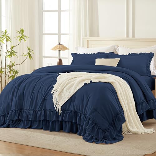 Image of Andency Navy Blue King Comforter Set (104x90Inch), 3 Pieces Ruffle Comforter Set with 2 Pillowcases, Farmhouse Shabby Chic Lightweight Fluffy Soft Polyester All Season Bed Set