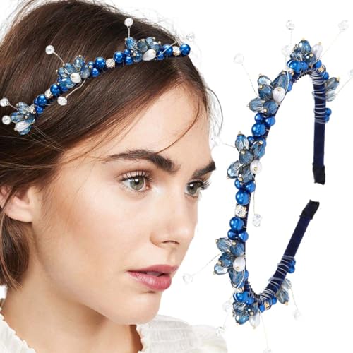 Firuilo Blue Rhinestones Headbands Barouqe Pearl Thin Hair Bands Bling Crystal Beaded Head Bands Bride Weeding Party Hair Accessories for Women and Girls(Blue)