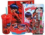 Miraculous Ladybug On The Go School Set- Drinking Cup with Straw, Food Container, Folder, Notebook (Red)