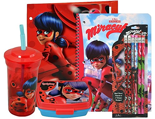 Miraculous Ladybug On The Go School Set- Drinking Cup with Straw, Food Container, Folder, Notebook (Red)
