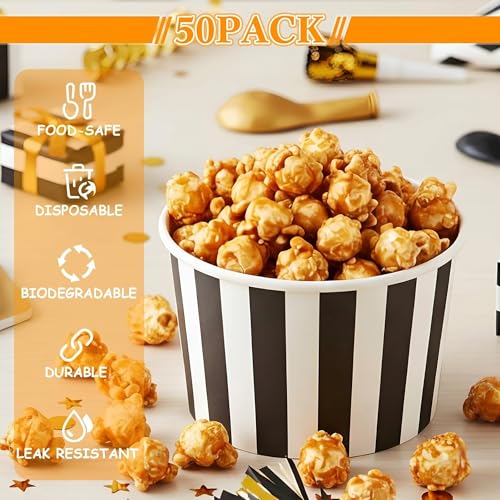 Image of Zopeal 50 Count Black and White Striped Ice Cream Cups Paper Dessert Bowls | 9 oz Disposable Ice Cream Bowls, Birthday Halloween Party Supplies, Snack Cups Sundae Picnic Yogurt Bowls for Food