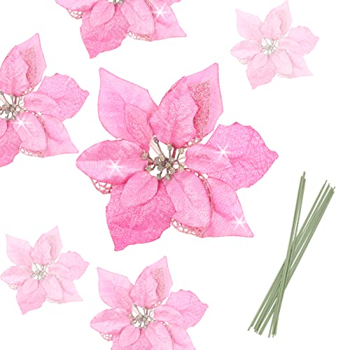 Festivous Wishel Pack Of 12 Glitter Artificial Wedding Christmas Flowers Glitter Poinsettia Christmas Tree Ornaments (Pink) #TOP2