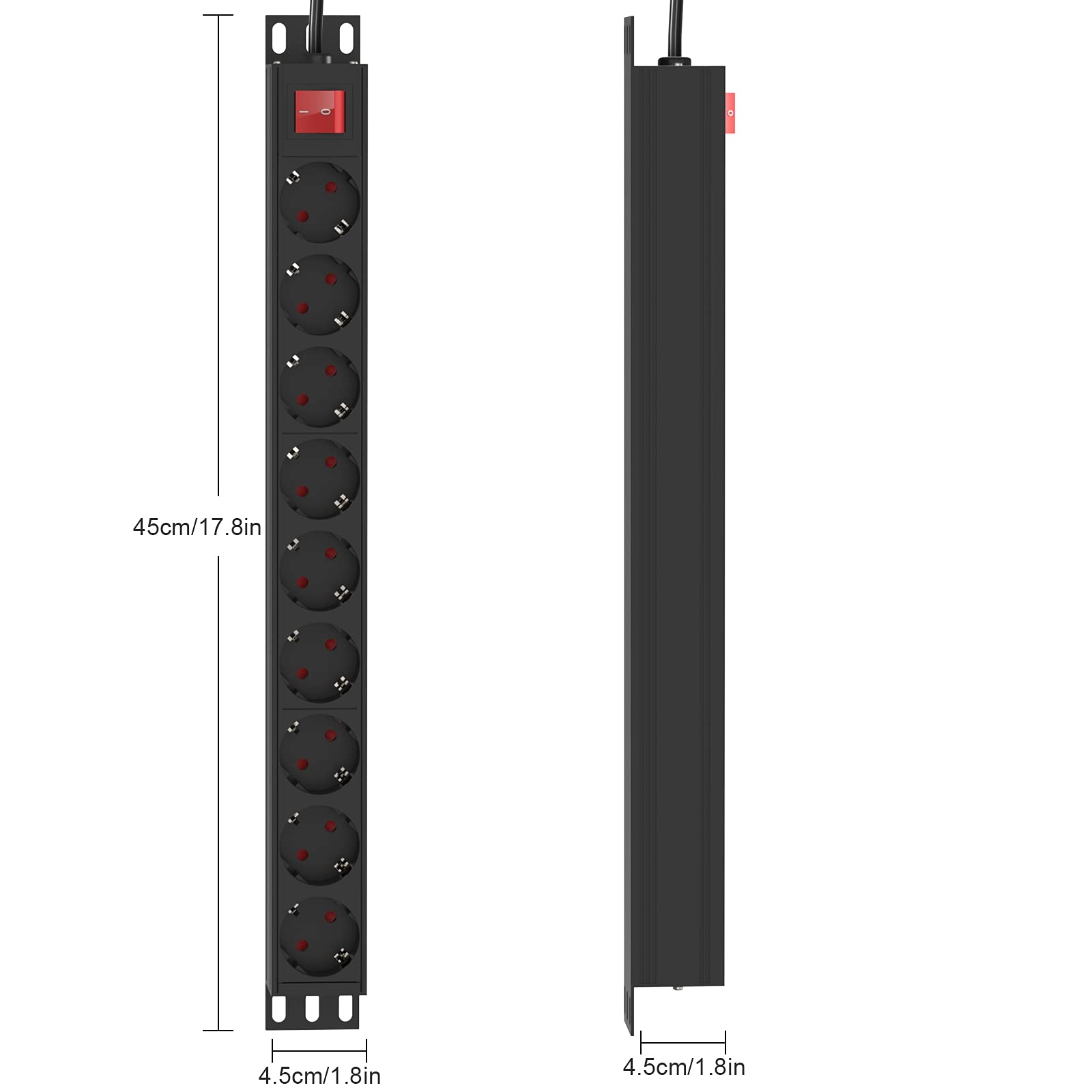 Regleta Enchufes con 9 Tomas, Enchufe Multiple, Regleta Enchufes con Interruptor, Regleta Eléctrica Rack de 19 Pulgadas, Cable de 2M, 3500W/16A para el hogar, Oficina y Viajes, Negro