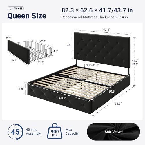 Image of Allewie Upholstered Queen Size Platform Bed Frame with 4 Storage Drawers and Adjustable Headboard, Diamond Button Tufted, Wooden Slats Support, Noise-Free, No Box Spring Needed, Easy Assembly, Black