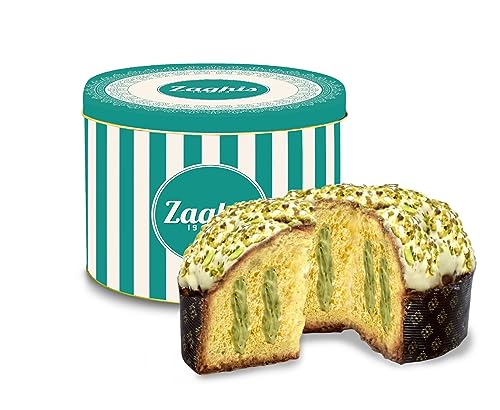 Panettone Artigianale Pistacchio Zaghis 800g Con Cremosa Crema di Pistacchio E Granella Tostata Cioccolato Bianco E Lievito Madre confezionato in Latta Vintage