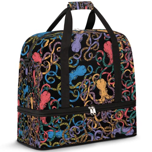 Pattern With Octopus Foldable Travel Duffel Bag Tote Carry on Luggage Sport Duffle for Women Men Gym Bag Overnight Weekender Bags with Shoe Compartments and Shoulder Strap