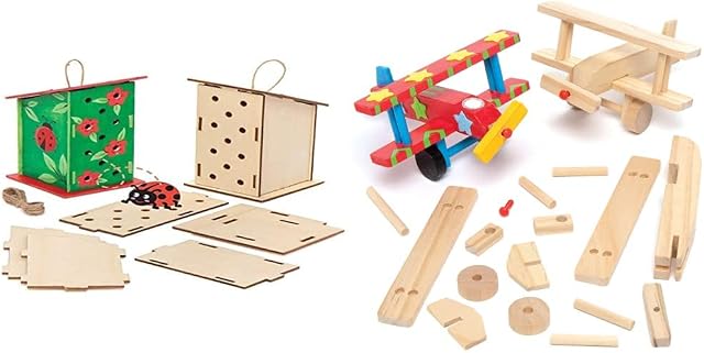 Baker Ross AT884 Wooden Ladybird House Kits - Pack of 2, for Kids Arts and Crafts Projects & EF657 3D Wooden Aeroplane Kits  Ideal for Kids' Arts and Crafts, Gifts, Keepsakes and More (Pack of 2)