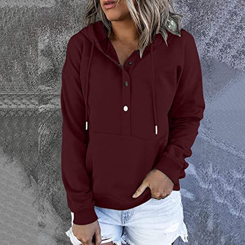 Women's Hooded Sweatshirts Fashion Solid Color Long Sleeve Loose Casual V-Neck Button Drawstring Hoodies Tops #TOP1