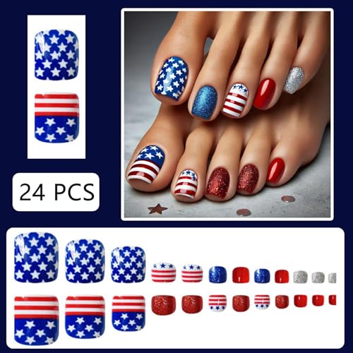 Independence Day Glitter Press on Toe Nails - Red & Blue