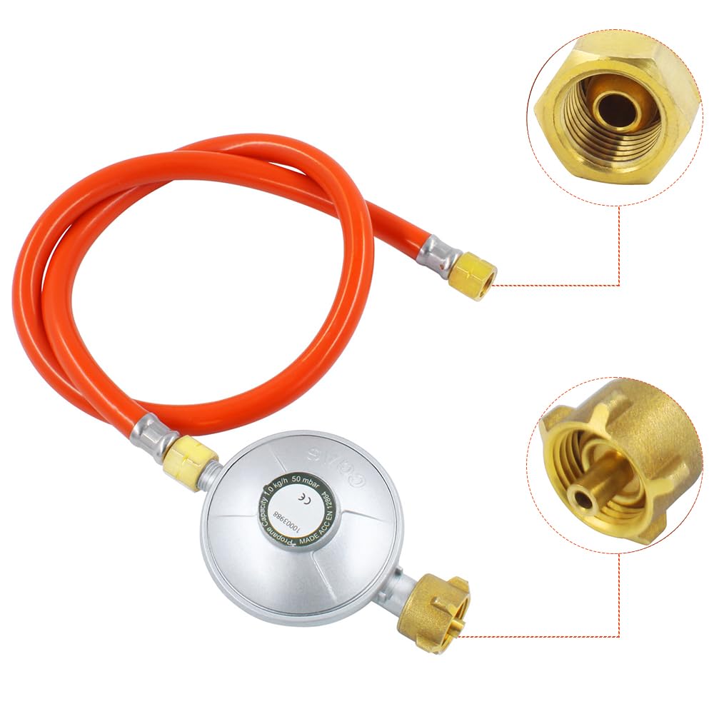 Réducteur de Pression de gaz 50mbar, Régulateur de Pression de gaz en kit avec Tuyau de gaz de 150cm de Long,pour réchaud à gaz, barbecues à gaz ou barbecues à Paella