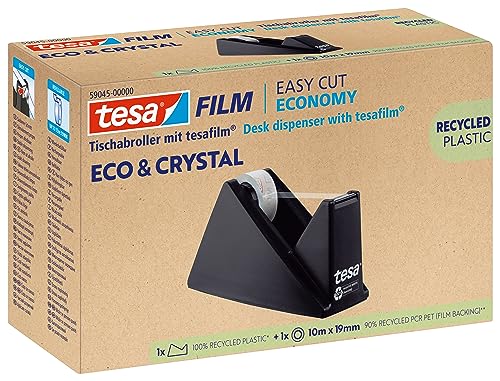 tesafilm eco & crystal Klebeband - transparenter Klebefilm aus wiederverwertetem PET-Material - reißfest, mit starker Klebkraft - Set mit robustem Tischabroller - 1 Rolle á 10 m x 19 mm