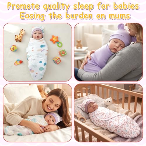 Image of Ramede 6 Pack Swaddle Blanket with Hats for Baby Girl Boy 100% Cotton Swaddles 0-3 Months, Adjustable Breathable Skin Friendly Receiving Blanket Wrap, Essential for Newborns(Tree,Purple)