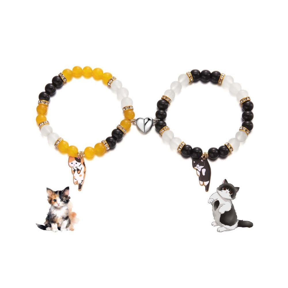 2 Pcs Cat Bracelet Cute Cat Kawaii Kitten Bead Bracelet Couple Matching Animal Charm Bracelets BFF Friendship Bracelet