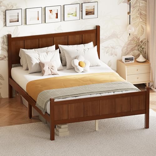 Image of Full Size Vintage Bed Frame with Headboard, Farmhouse Wooden Platform Bed with Under-Bed Storage, Minimalist Modern Wood Grain Finish Bedframe for Bedroom (Dark Walnut)