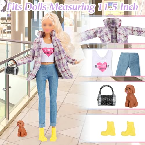 14 Pcs Doll Clothes Compatible with Barbie 11.5 Inch Girl Dolls Fashion Pack 6 Set Accessories Fashionable Coat Houndstooth Suit Evening 1 Tulle Skirt Casual Outfit 6 Shoes 1 Handbag 1 Dog