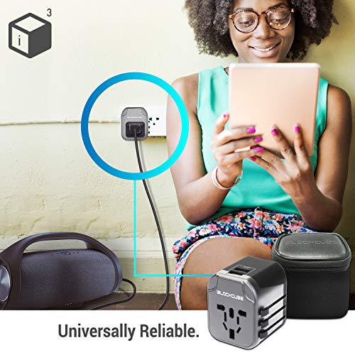 iBlockCube® Weltweiter Reisestecker-Adapter mit 4 USB 5.6 A Ladeanschlüssen, internationale Universal-AC-Buchse, doppelte Sicherung, Chipschutz für USA, UK, EU, AU, Handy, Laptop, Gadget – Weiß